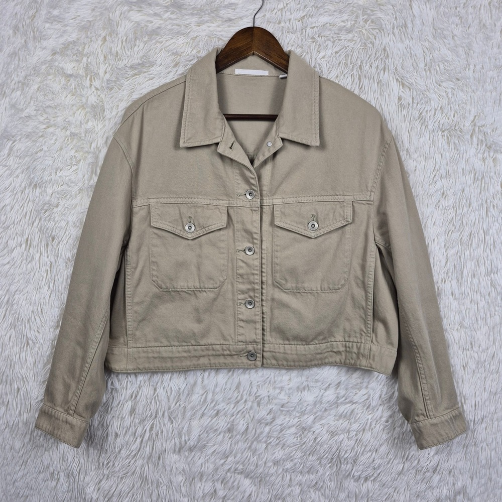 Uniqlo Womens Tan Taupe Cropped Denim Trucker Jacket Cotton Utility Large